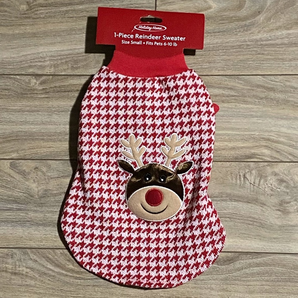 Holiday Home 1 piece Red Gingham Reindeer Short Sleeve Dog Sweater size Small